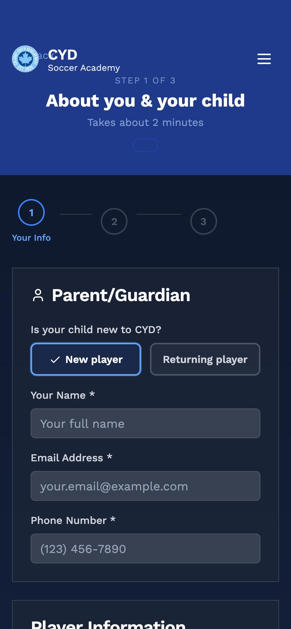 Step one of the CYD registration flow on a phone: parent details and whether the child is new or returning.