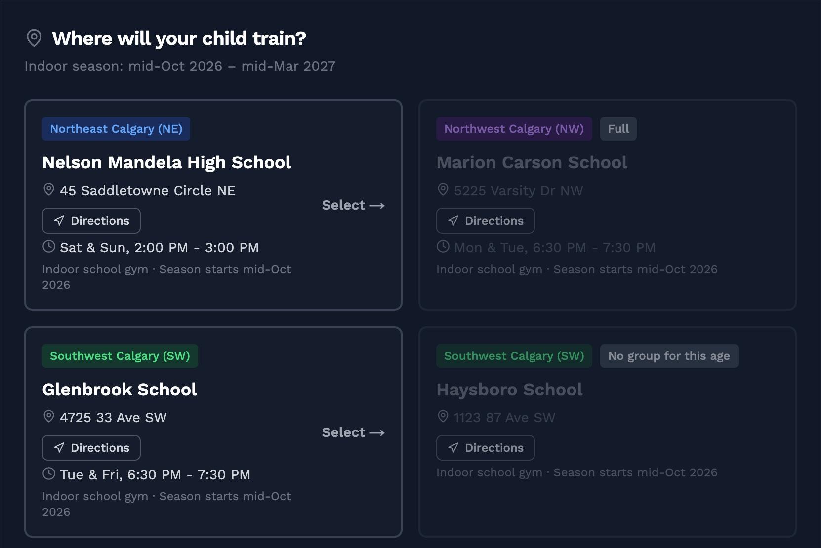 The CYD venue picker: venues are filtered by the child's age, so a full group and a venue with no group for that age are shown but can't be picked.